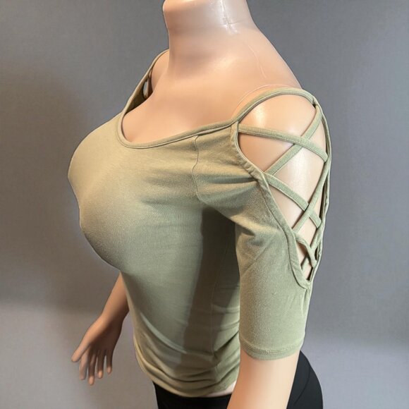 Solid Off Shoulder Top With Strappy Cut Sleeve - Picture 3 of 7